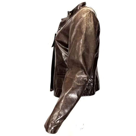 COLE HAAN WOMENS BROWN LEATHER JACKET L SIZE - Picture 4 of 6